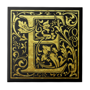 Letter E First Letter Faux Gold Black Ceramic Tile