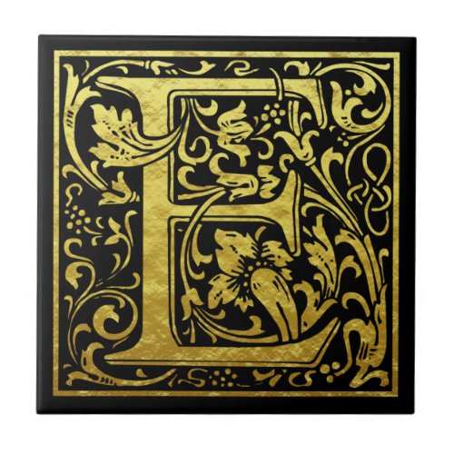 Letter E First Letter Faux Gold Black Ceramic Tile