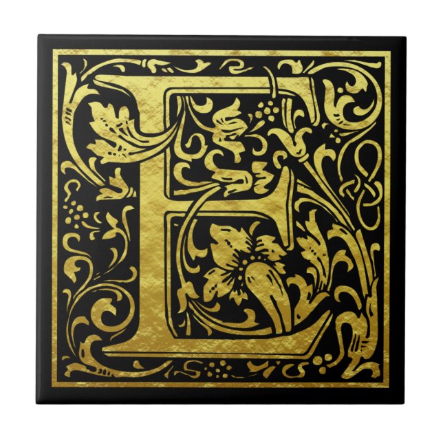 Letter E First Letter Faux Gold Black Ceramic Tile (Front)