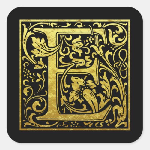 Letter E First Letter Faux Gold Black Square Sticker