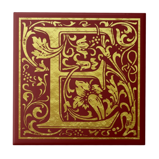 Letter E First Letter Faux Gold Red Ceramic Tile (Front)