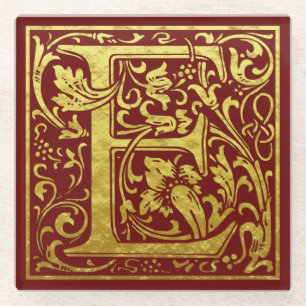 Letter E First Letter Faux Gold Red Glass Coaster
