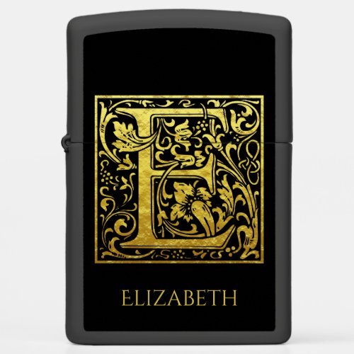 Letter E First Letter Gold on Classic Black Zippo Lighter