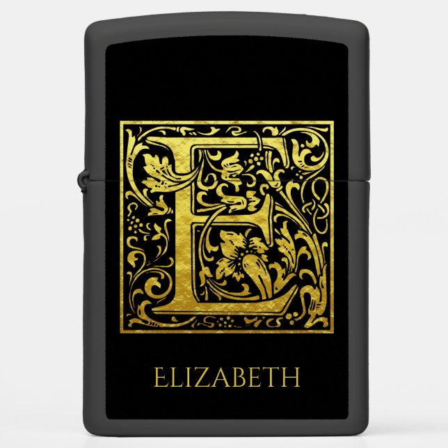 Letter E First Letter Gold on Classic Black Zippo Lighter (Front)
