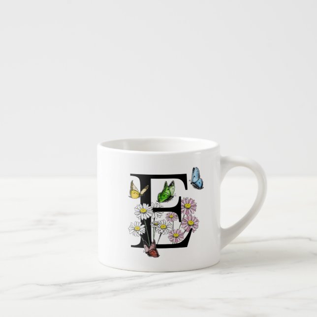 Letter E Floral Butterfly Monogram Initial     Espresso Cup (Right)