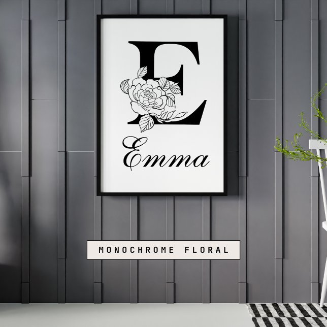 Letter E Floral Modern Black Monogram Nursery Poster (Creator Uploaded)