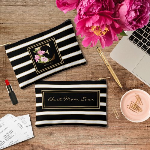 Letter E Floral Monogram Black White Gold Stripes Accessory Pouch