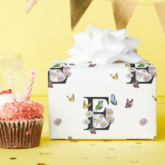 Letter E Floral Watercolor Butterfly Monogram    Wrapping Paper (Birthday Party)