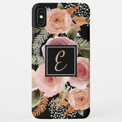 Letter E Gold Black Watercolor Floral Monogram iPhone XS Max Case