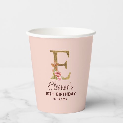 Letter E Gold Monogram Blush Pink Roses Paper Cups