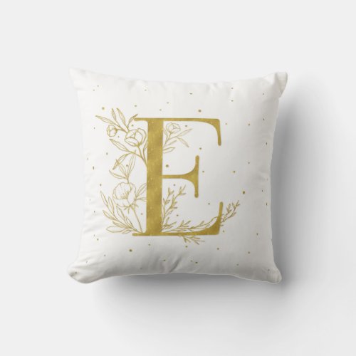Letter E Gold Monogram Botanical Illustration Throw Pillow