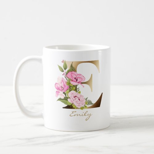 Letter E  Gold Monogram  Pink Floral Arrangement Coffee Mug