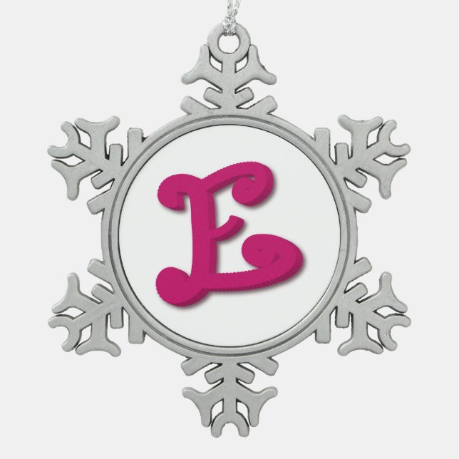Letter E in 3D Snowflake Pewter Christmas Ornament (Front)