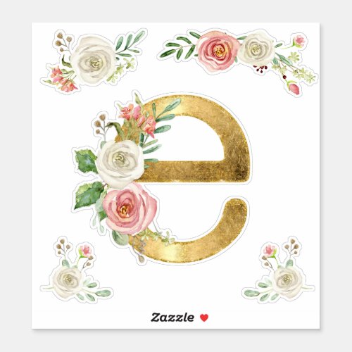Letter E Initial Gold Blush Rose Floral Watercolor Sticker