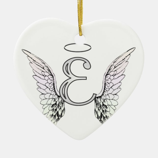 Letter E Initial Monogram with Angel Wings & Halo Ceramic Ornament (Front)