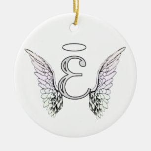 Letter E Initial Monogram with Angel Wings & Halo Ceramic Ornament