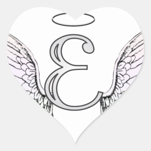 Letter E Initial Monogram with Angel Wings  Halo Heart Sticker