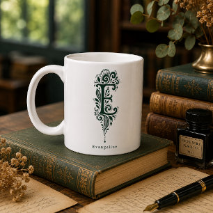 Letter E Linocut Botanical Personalized Mug