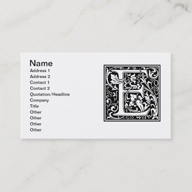 Letter E Medieval Monogram Art Nouveau Business Card (Front)