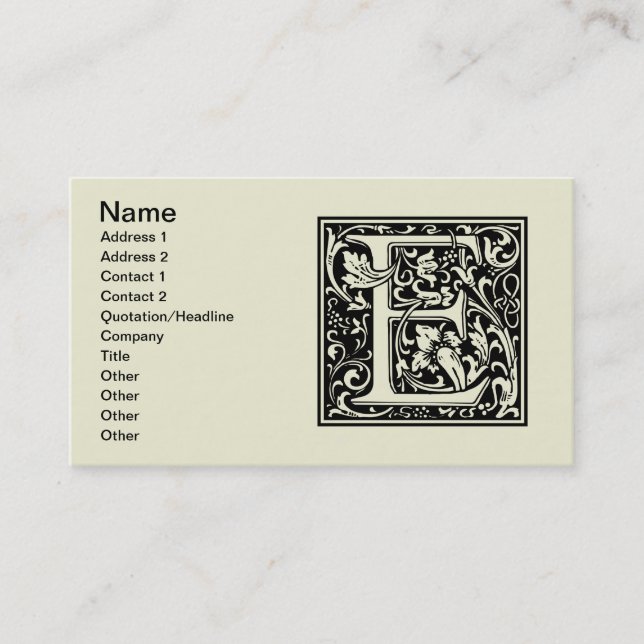 Letter E Medieval Monogram Art Nouveau Business Card (Front)