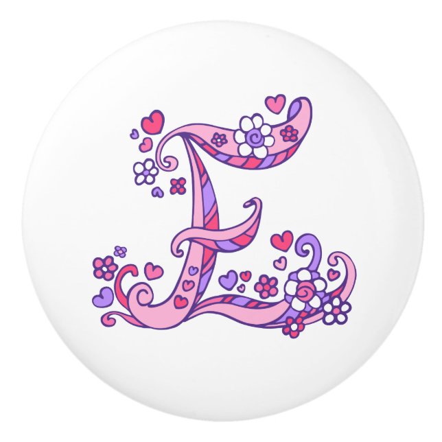 Letter E monogram hearts flowers pink purple pull (Front)