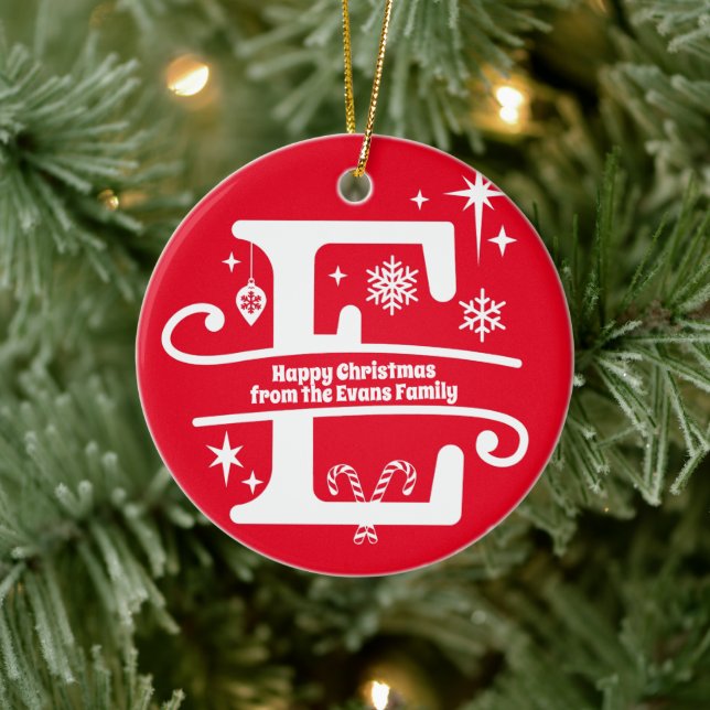 Letter E Monogram Initial Family Name Greeting Ceramic Ornament (Tree)