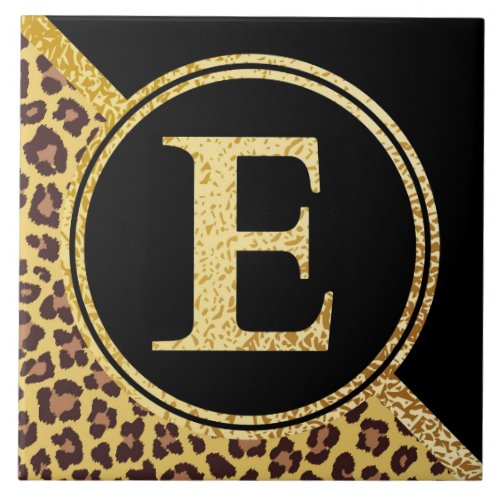 Letter E Monogram Leopard Print Gold and Black Ceramic Tile