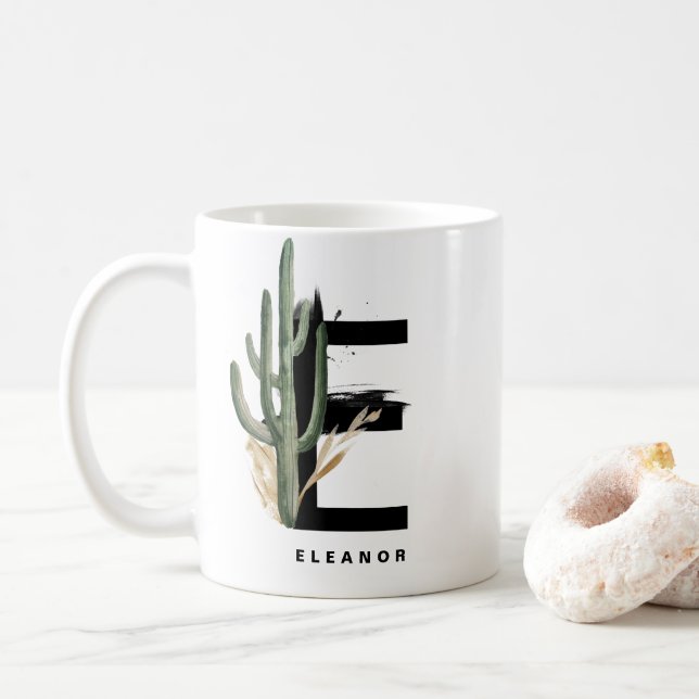 Letter E Monogram | Tropical Cactus Personalized Coffee Mug (With Donut)
