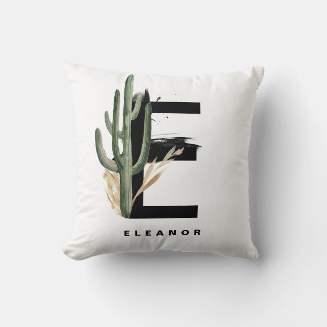 Letter E Monogram | Tropical Cactus Personalized Throw Pillow (Front)