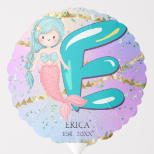 Letter E Monogram Watercolor Cute Mermaid Nursery Balloon