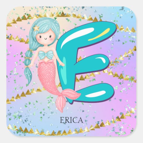 Letter E Monogram Watercolor Cute Mermaid Nursery Square Sticker