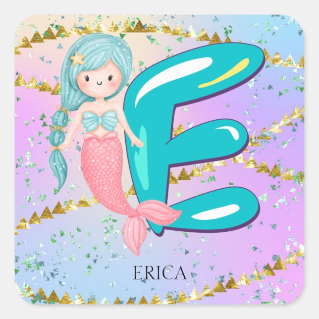 Letter E Monogram Watercolor Cute Mermaid Nursery Square Sticker (Front)