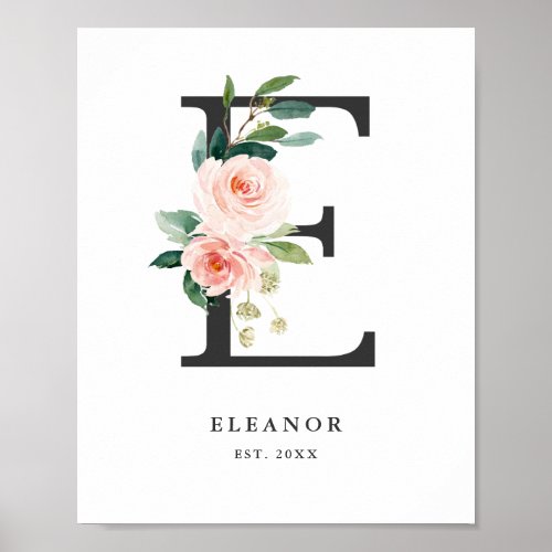 Letter E Monogram Watercolor Peach Florals Nursery Poster