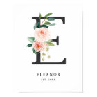 Letter E Monogram Watercolor Peach Florals Nursery