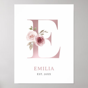 Letter E Monogram Watercolor Rose Florals Nursery  Poster