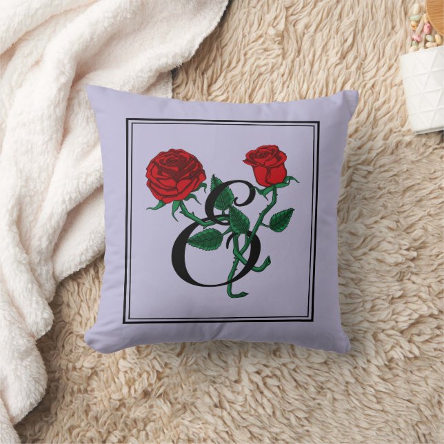 Letter E Monogram with Red Roses Purple Throw Pillow (Blanket)