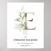 Letter E New Baby Monogram Birth Print Greenery