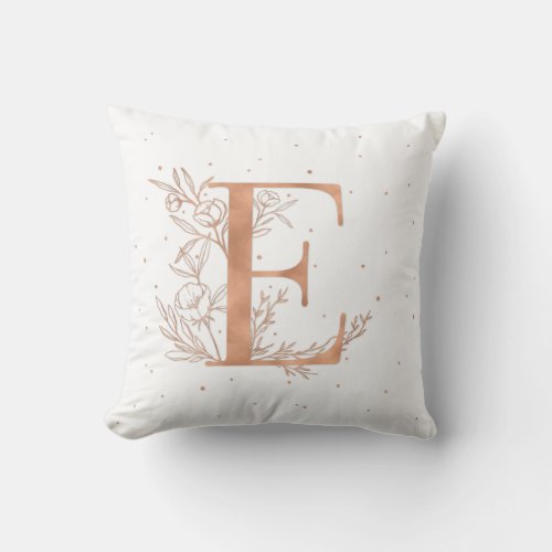 Letter E Rose Gold Monogram Botanical Illustration Throw Pillow