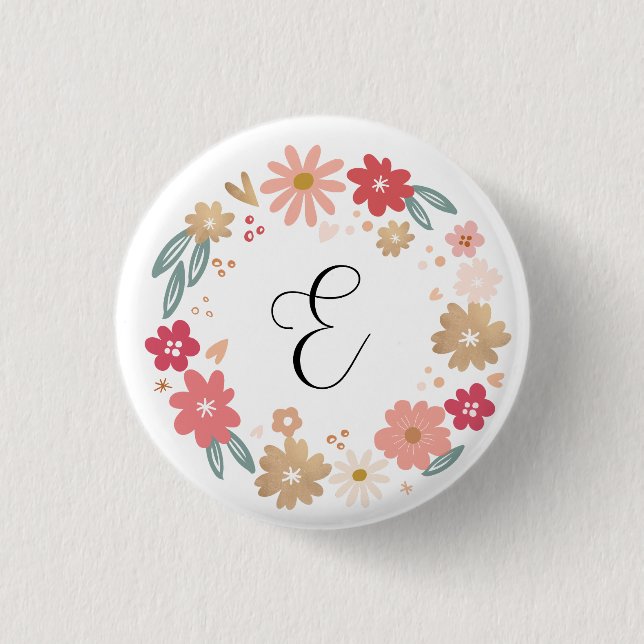 Letter E | Whimsical Floral Letter Monogram Button (Front)