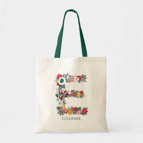 Letter E  Whimsical Floral Letter Monogram I Tote Bag