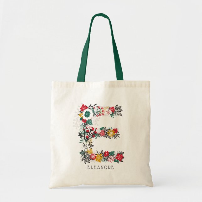 Letter E | Whimsical Floral Letter Monogram I Tote Bag (Front)