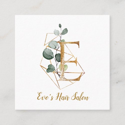 Letter E with Gold Geometric Design and Flowers Square Business Card