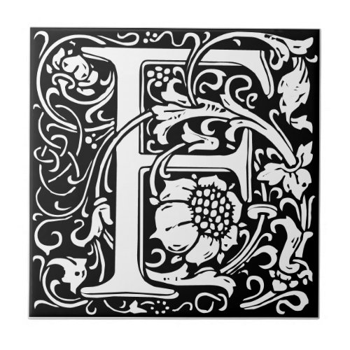 Letter F art nouveau black and white Tile