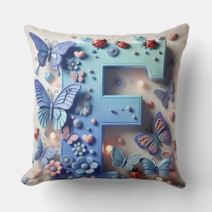 🦋 Letter F Butterfly Ladybug Monogram 🌸 Throw Pillow