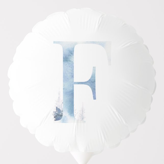 Letter F Dusty Blue Winter Forest Monogram Initial Balloon (Front)
