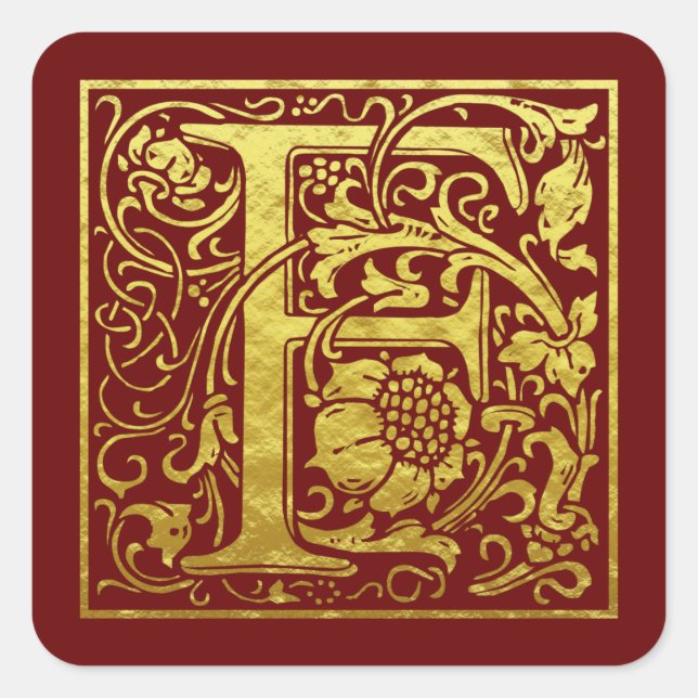 Letter F First Letter Faux Gold Red Square Sticker (Front)