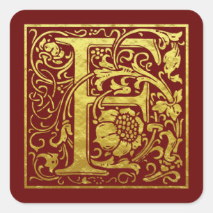 Letter F First Letter Faux Gold Red Square Sticker