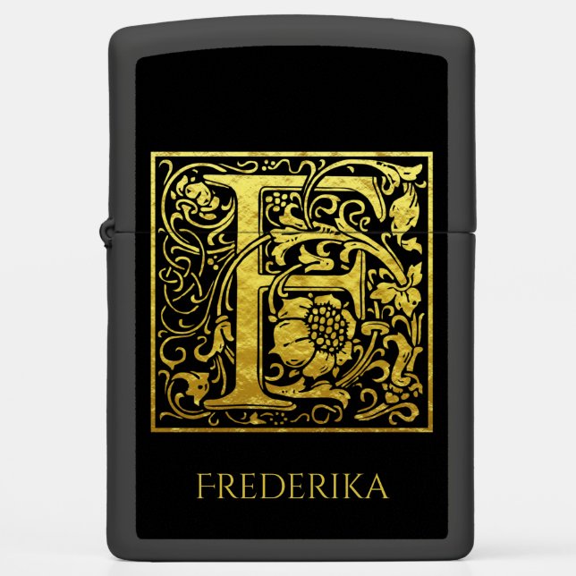 Letter F First Letter Gold on Classic Black Zippo Lighter (Front)