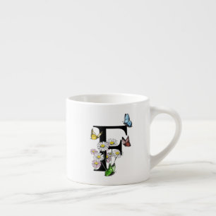 Letter F Floral Butterfly Monogram Initial Espresso Cup