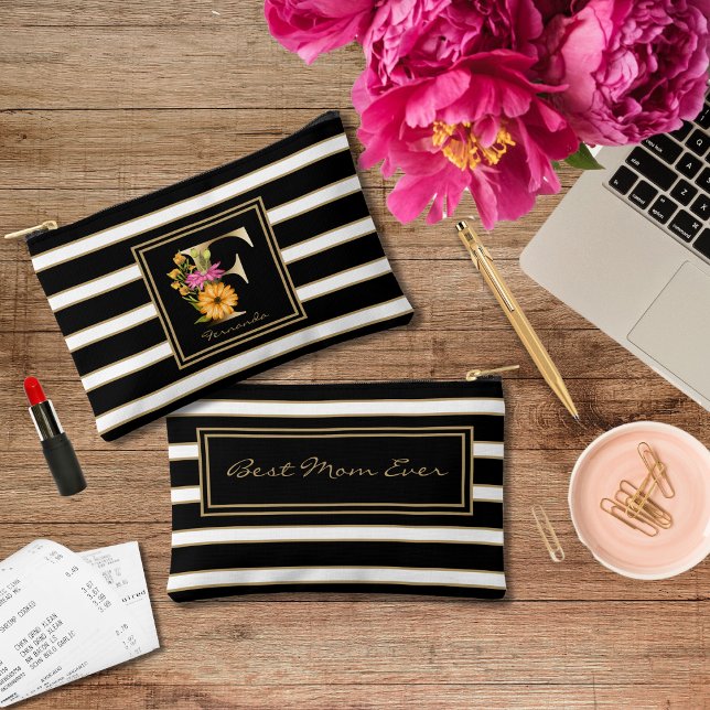 Letter F Floral Monogram Black White Gold Stripes Accessory Pouch (Creator Uploaded)